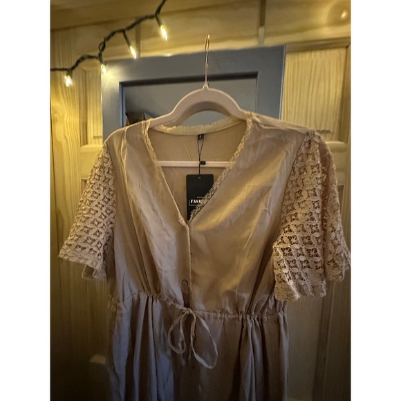 Fashion Womens Tan Bohemian Lace Crochet Sleeve Drawstring Maxi Dress Size S - Picture 2 of 7